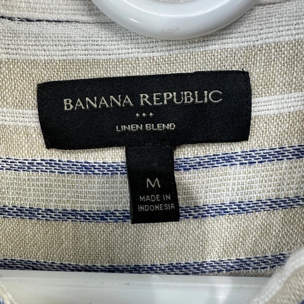 Banana Republic Linen Blend Striped Button Up Shirt Womens Medium Beige Navy - Picture 5 of 7